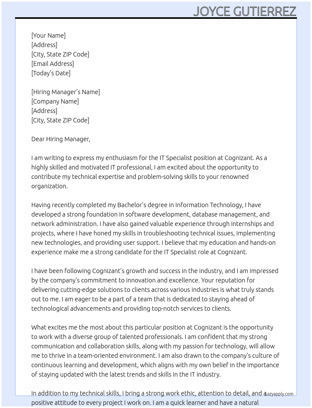 IT Specialist At Cognizant Cover Letter