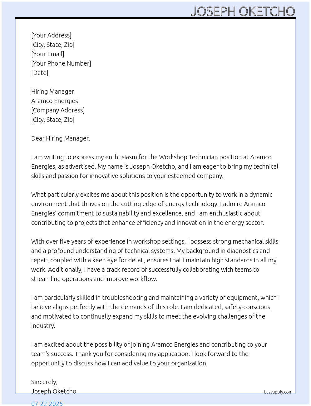 Workshop Technician At Aramco Energies Cover Letter