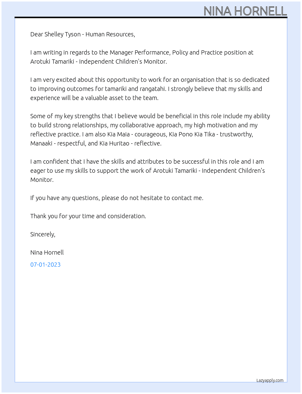 Manager Performance, Policy and Practice At Arotuki Tamariki - Independent Children's Monitor Cover Letter