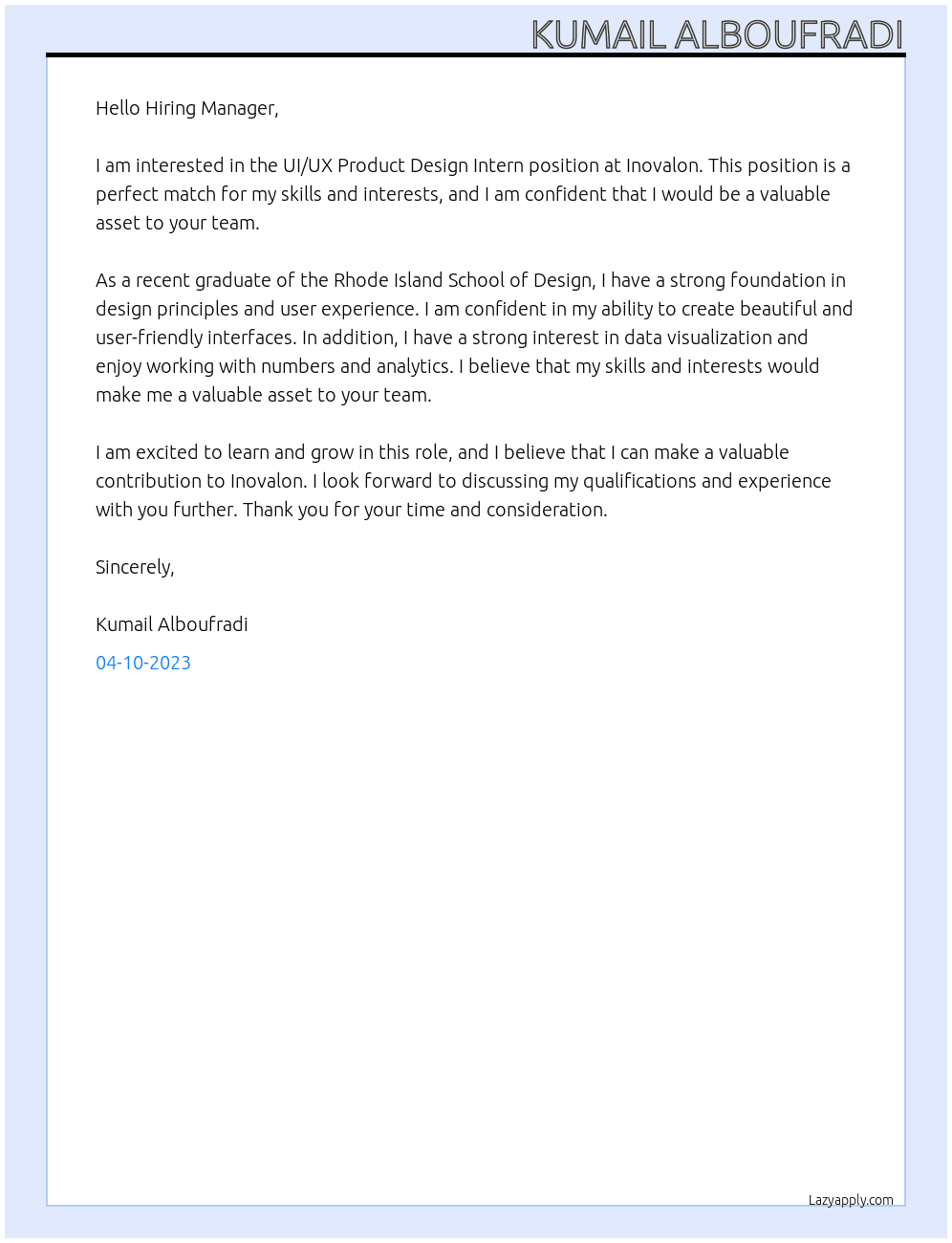 UI/UX Product Design Intern At Inovalon Cover Letter