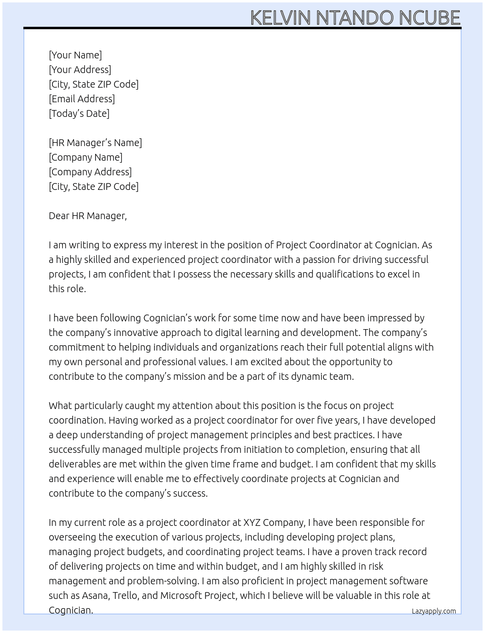 Project Cordinator At Cognician Cover Letter