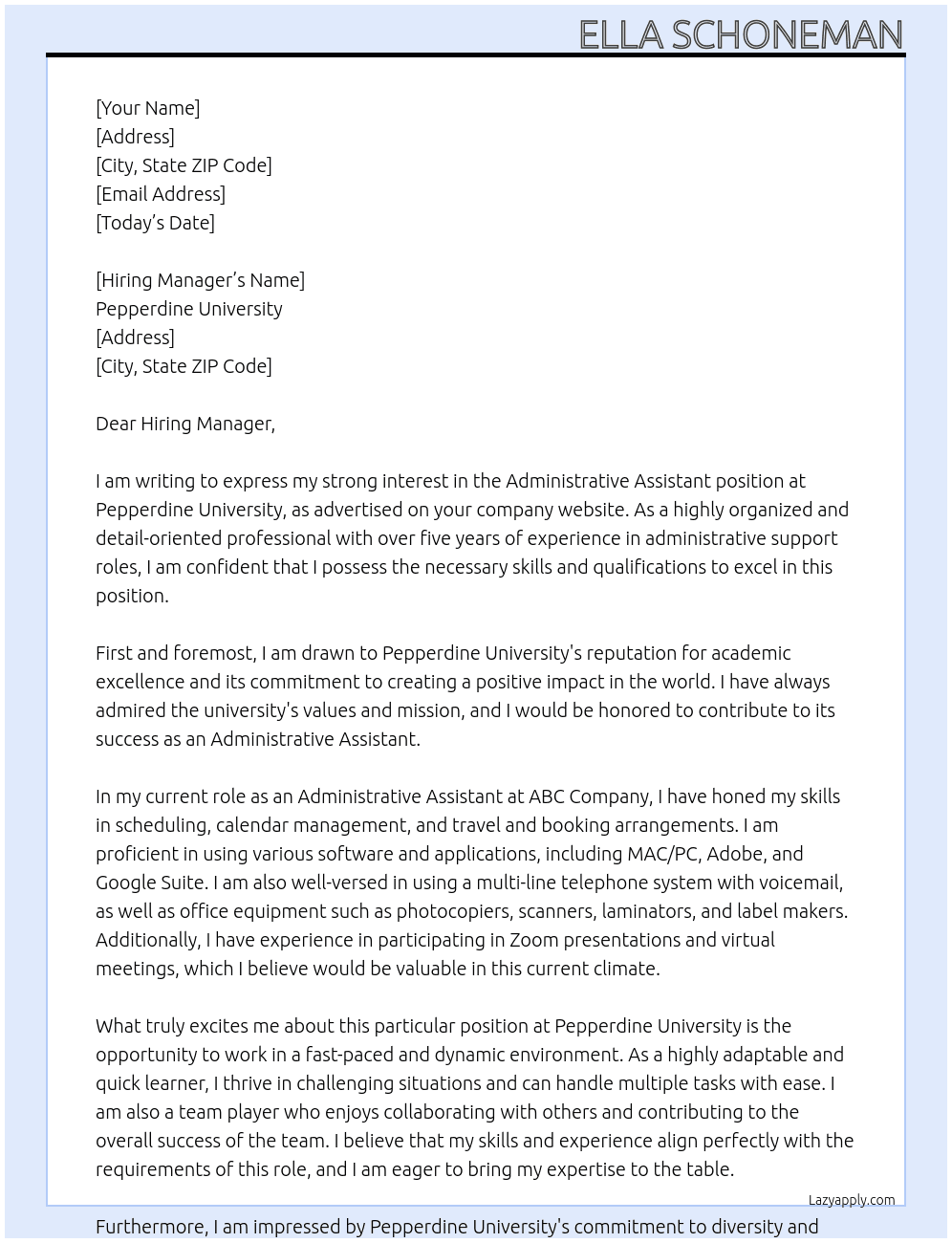 Administrative Assistant At Pepperdine University Cover Letter