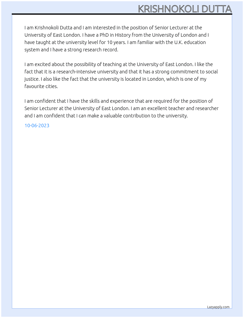 Senior Lecturer At University of East London Cover Letter