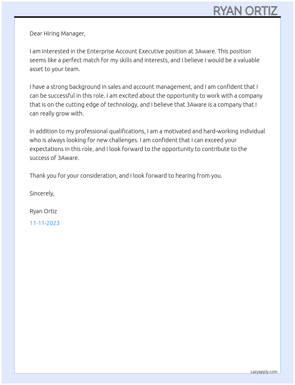 Enterprise Account Executive At 3Aware Cover Letter
