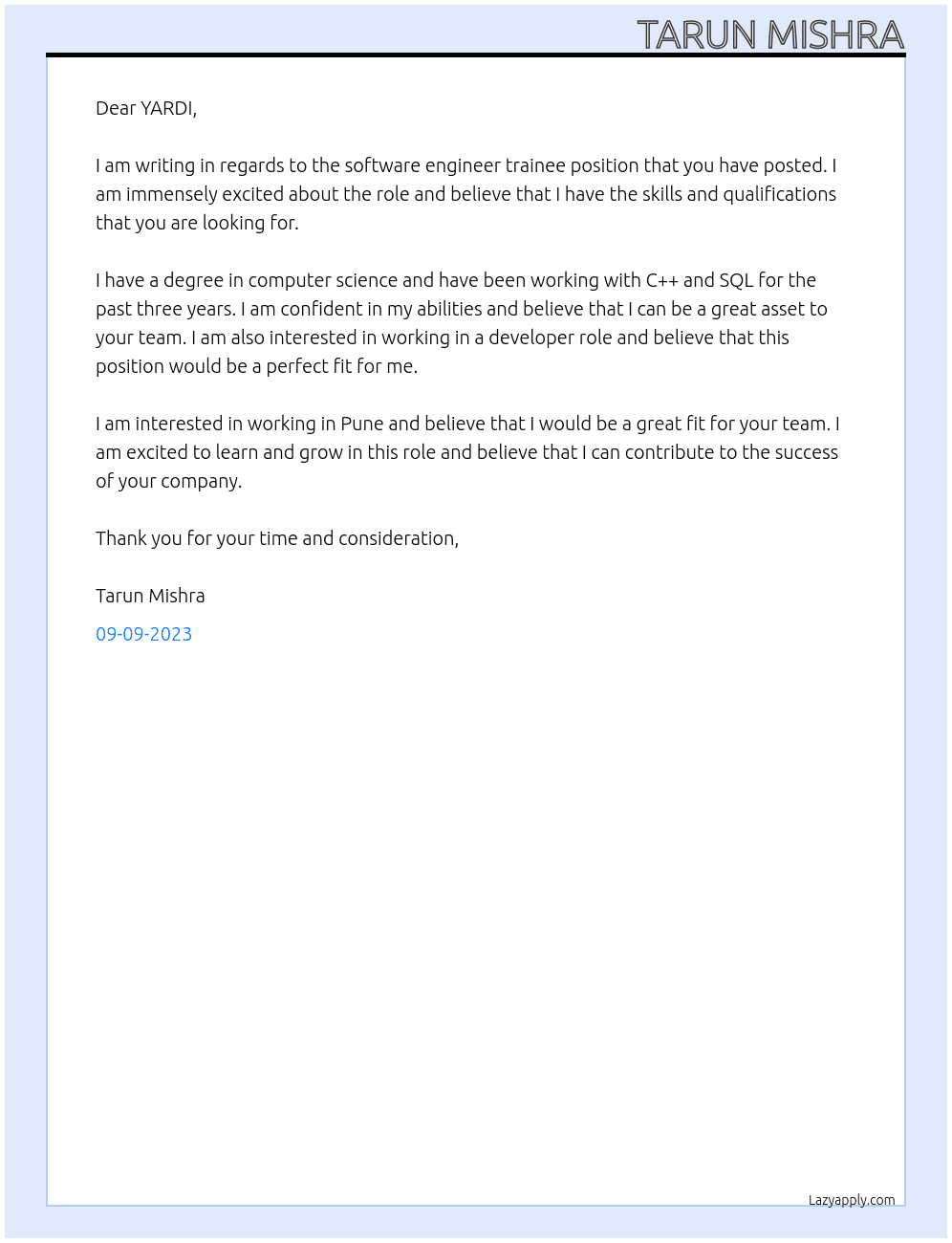 software engineer trainee  At YARDI Cover Letter