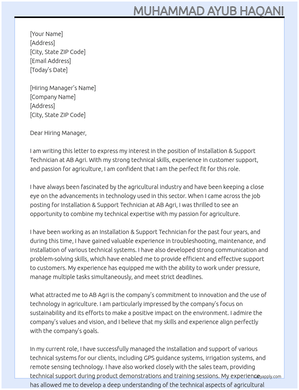 Installation & Support Technician  At AB Agri Cover Letter