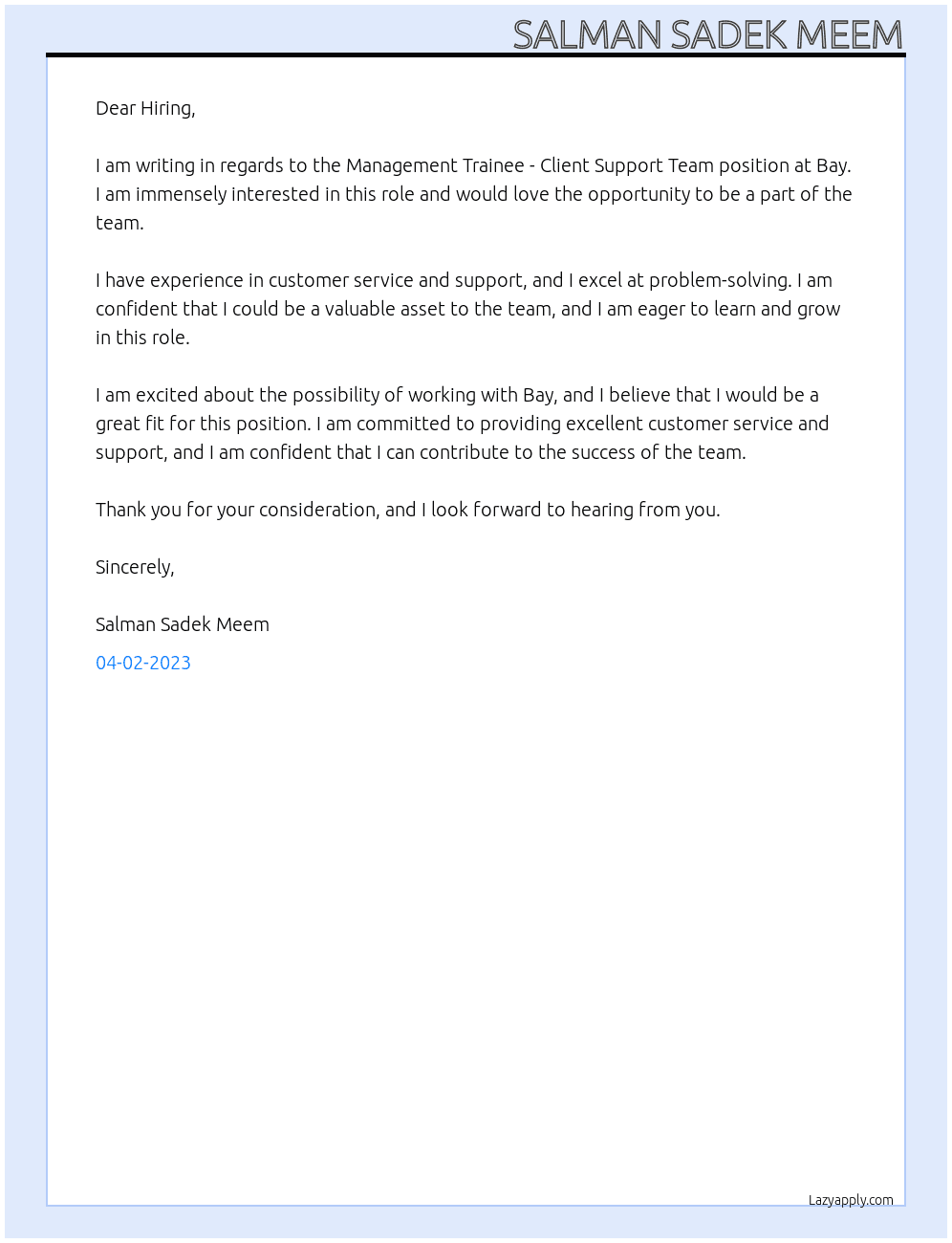 Management Trainee - Client Support Team At Bay Cover Letter