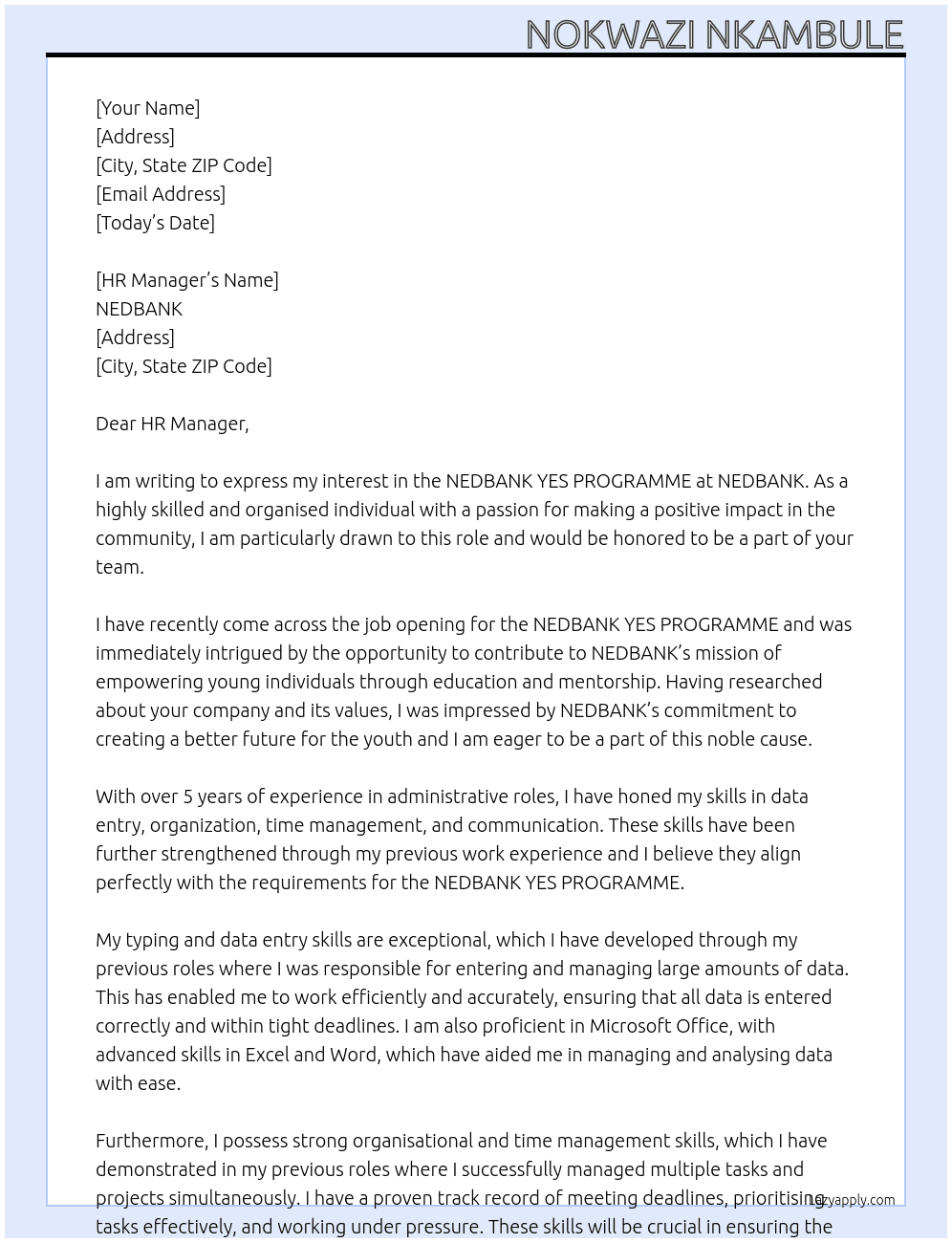 NEDBANK YES PROGRAMME At NEDBANK Cover Letter