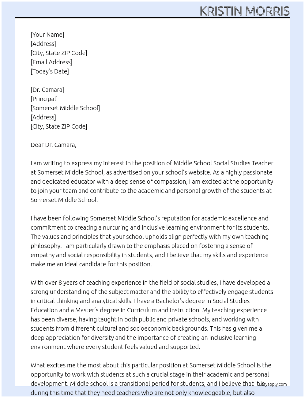 middle school social studies teacher At somerset middle school Cover Letter
