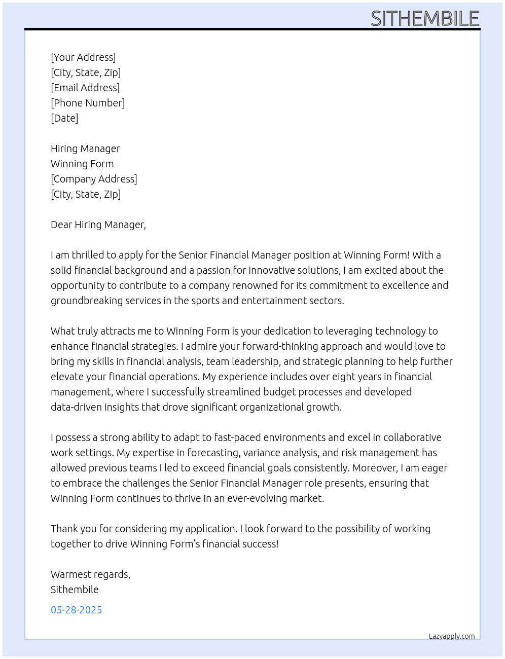 Senior Financial Manager  At Winning Form Cover Letter