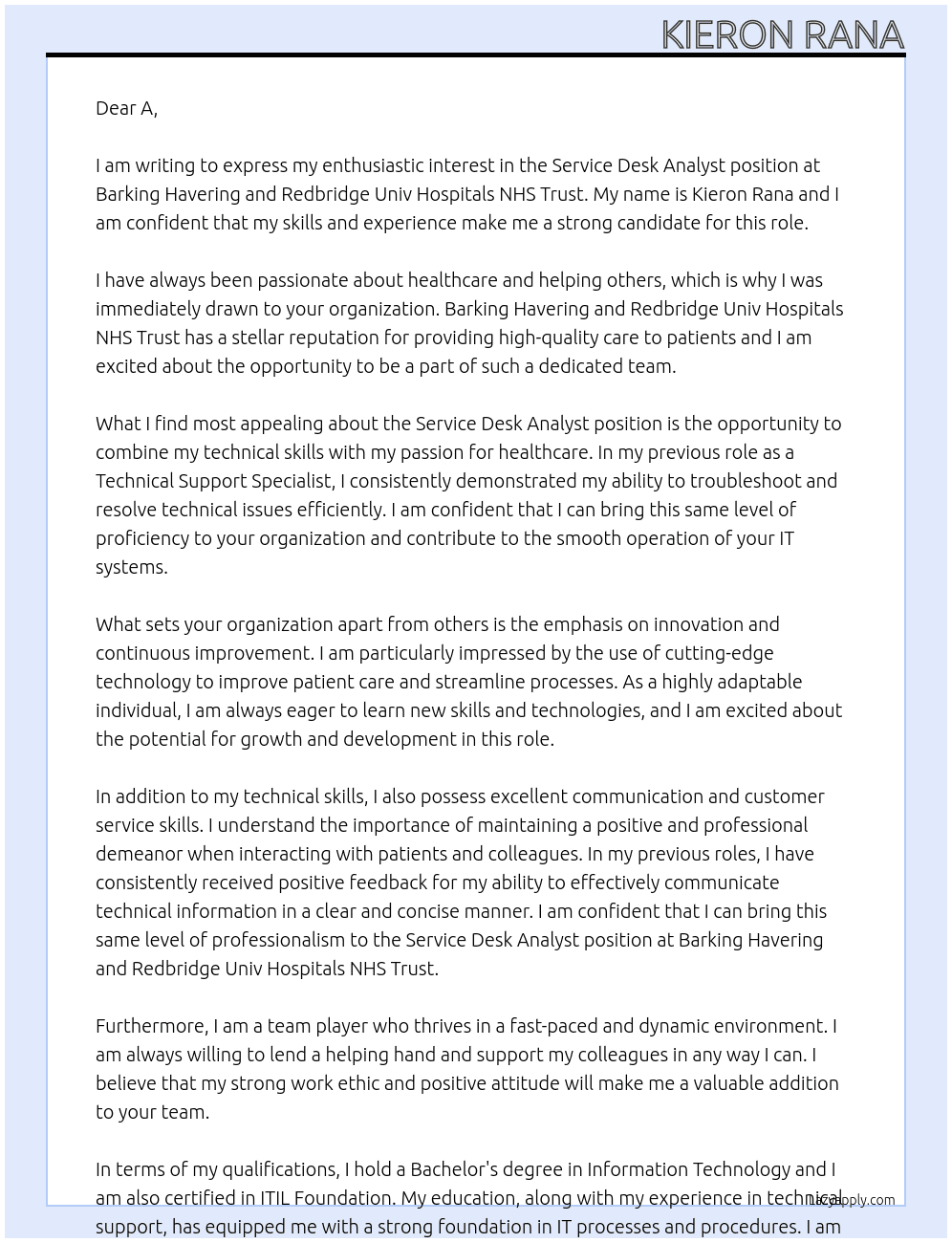 Service Desk Analyst At Barking Havering and Redbridge Univ Hospitals NHS Trust Cover Letter