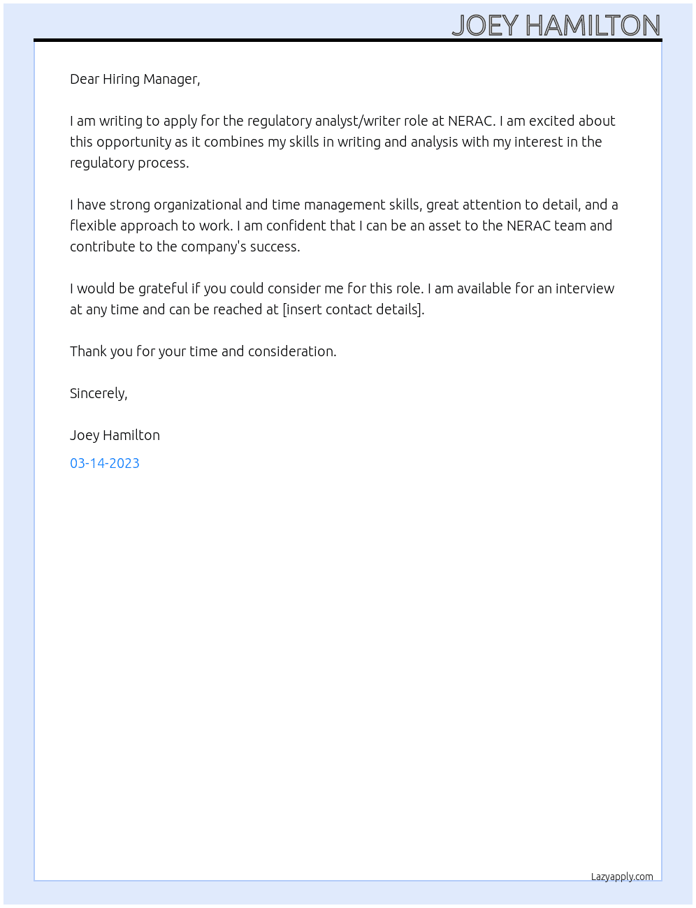 regulatory analyst/writer At NERAC Cover Letter