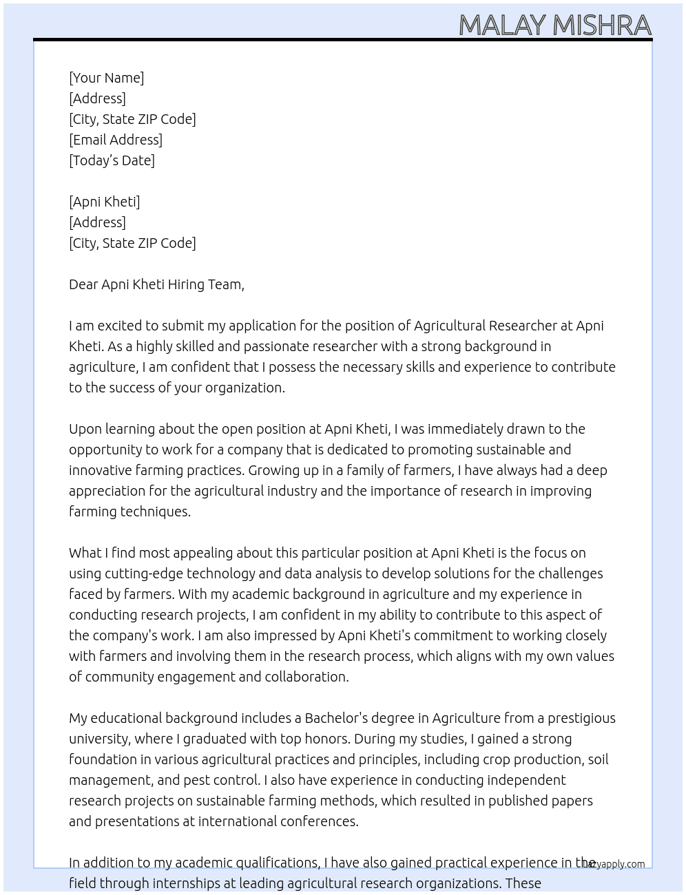 Agricultural researcher  At Apni kheti Cover Letter