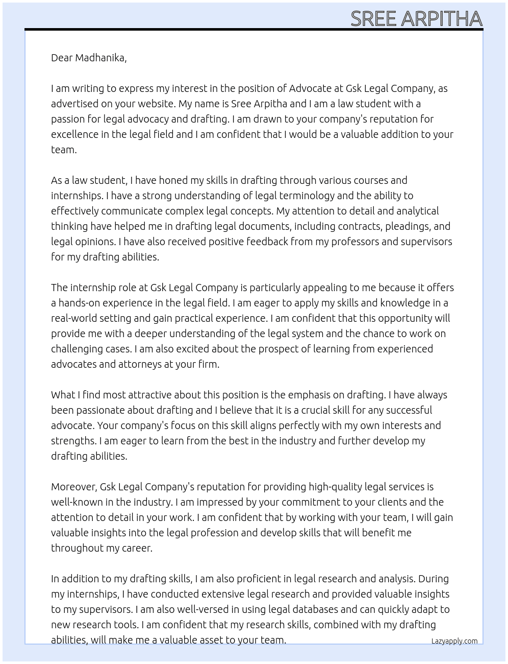 Advocate At Gsk legal company Cover Letter