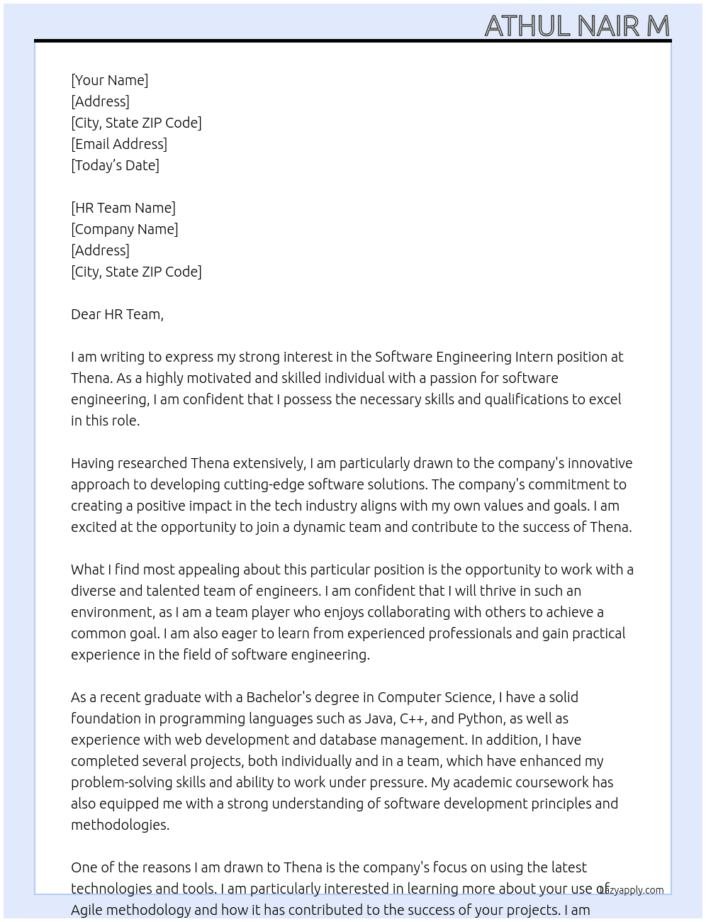 Software Engineering intern At Thena Cover Letter