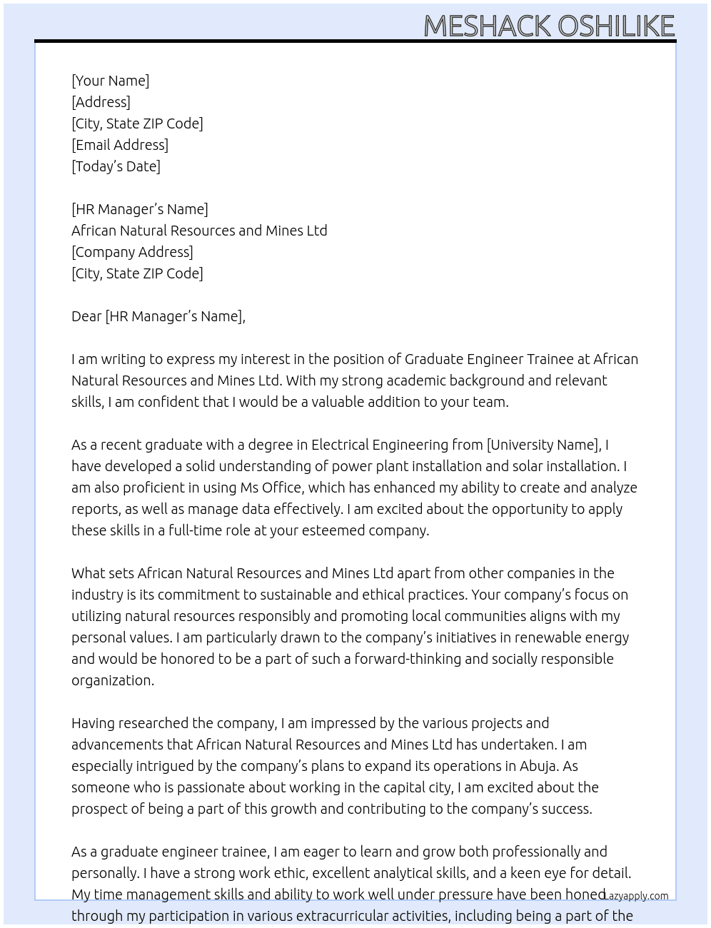 Graduate engineer trainee At African Natural resources and mines Ltd  Cover Letter