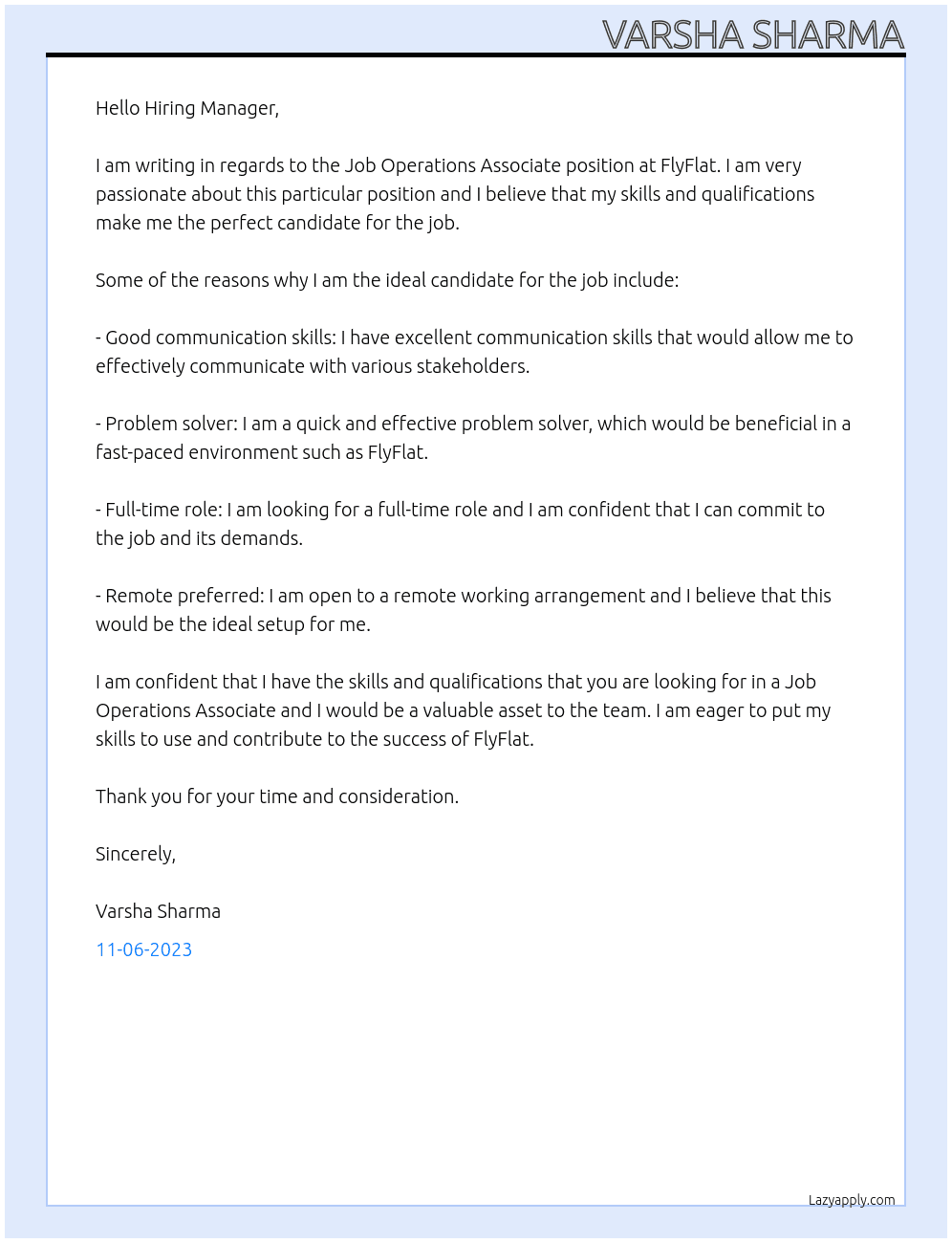 Job operations associate At FlyFlat Cover Letter