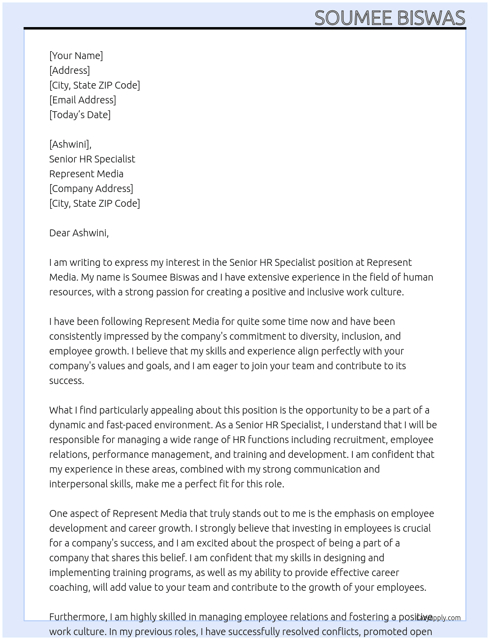 Senior HR Specialist At Represent Media Cover Letter