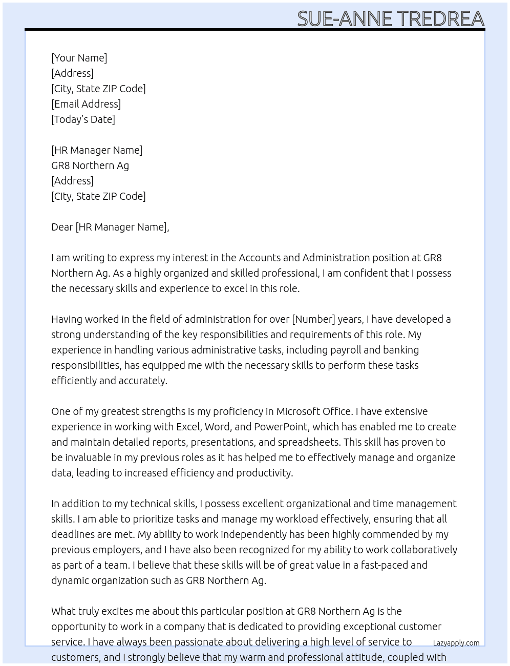 Accounts and Administation At GR8 Northern Ag Cover Letter