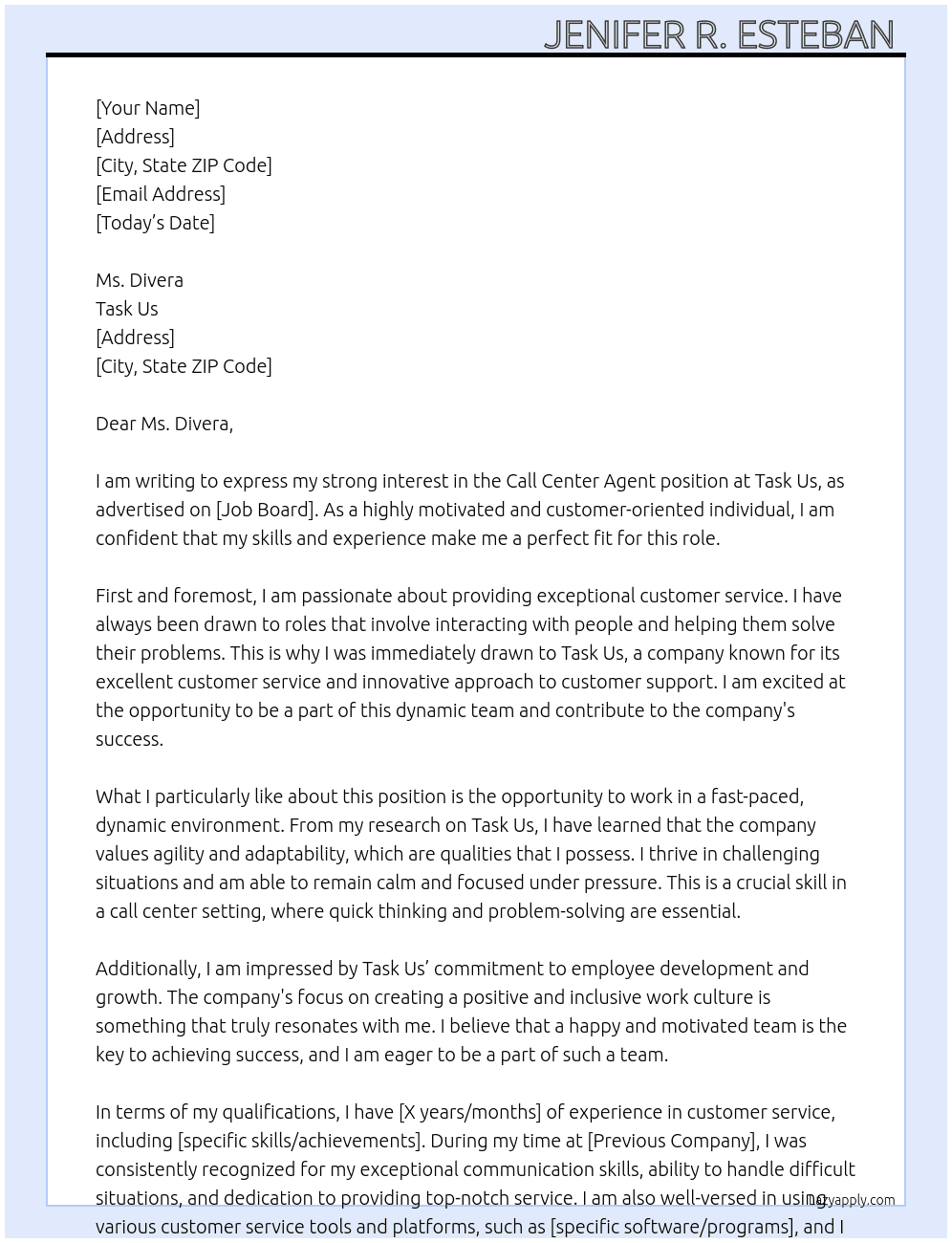 Application letter for call center agent  At Task Us Cover Letter