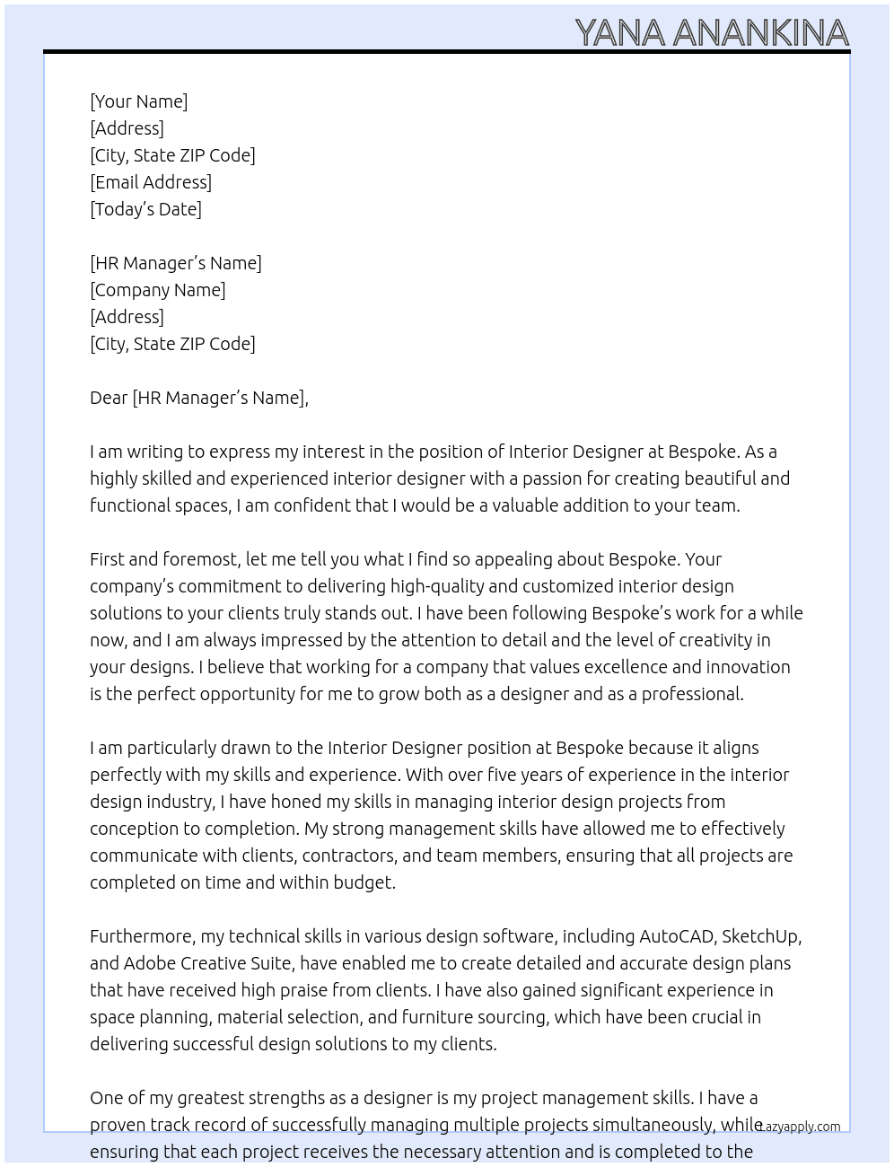 Interior designer At Bespoke  Cover Letter