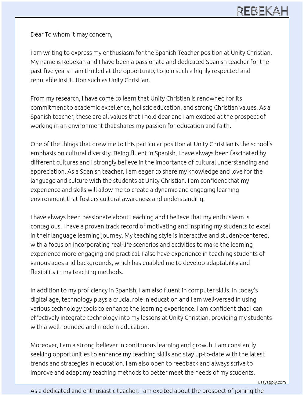Spanish Teacher At Unity Christian Cover Letter