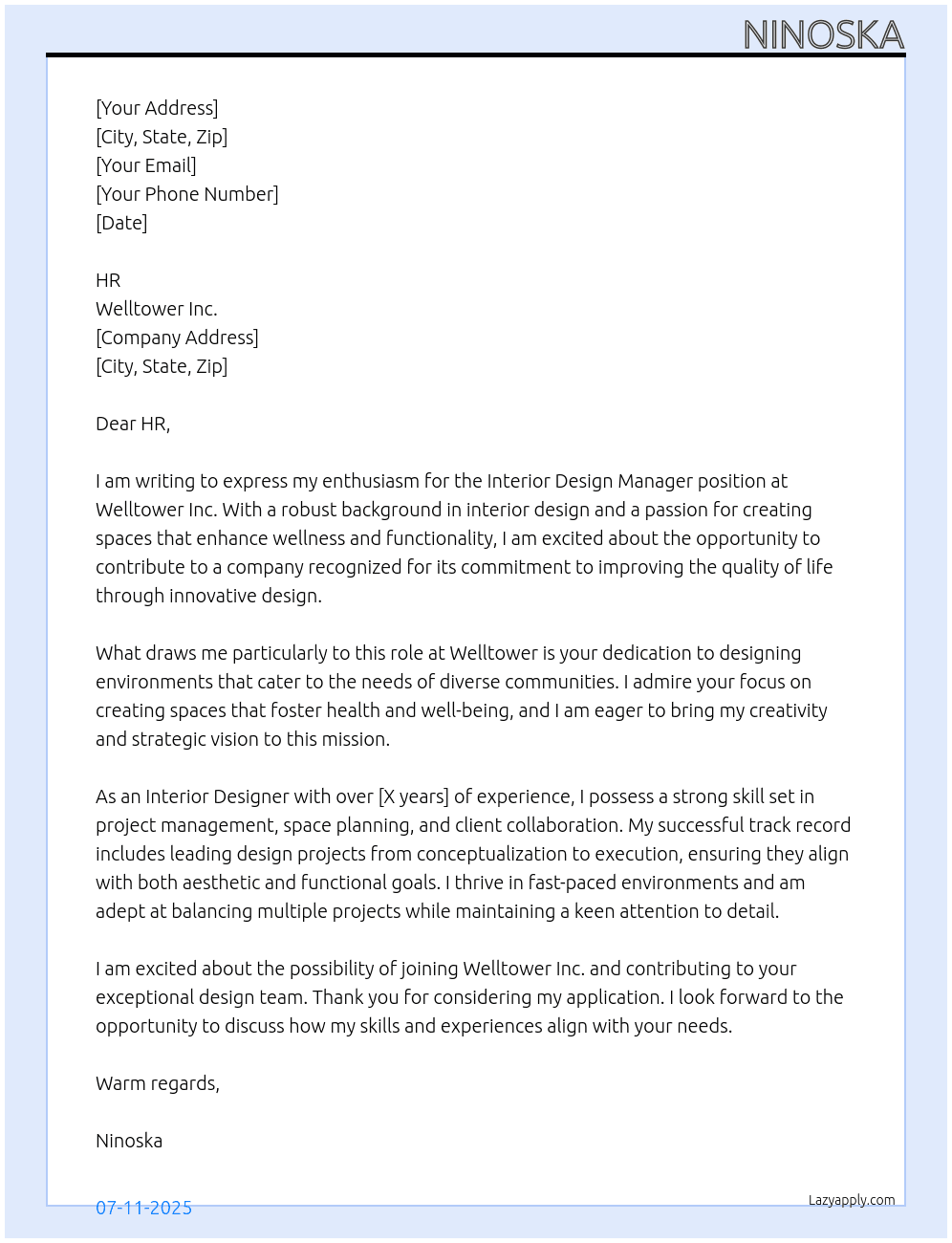 Interior Design Manager At Welltower Inc Cover Letter