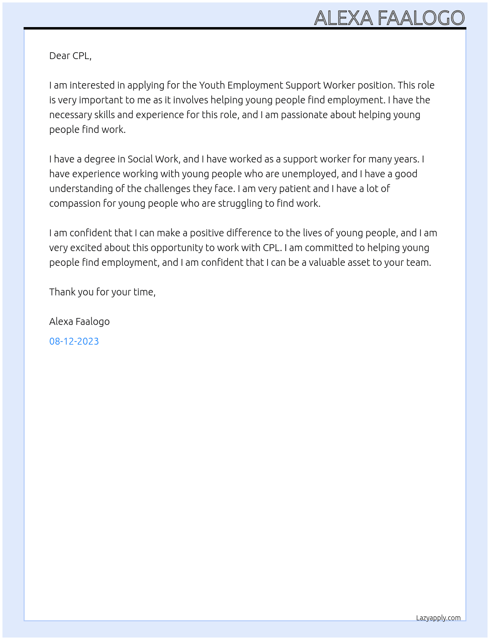 Youth Employment Support Worker At CPL Cover Letter