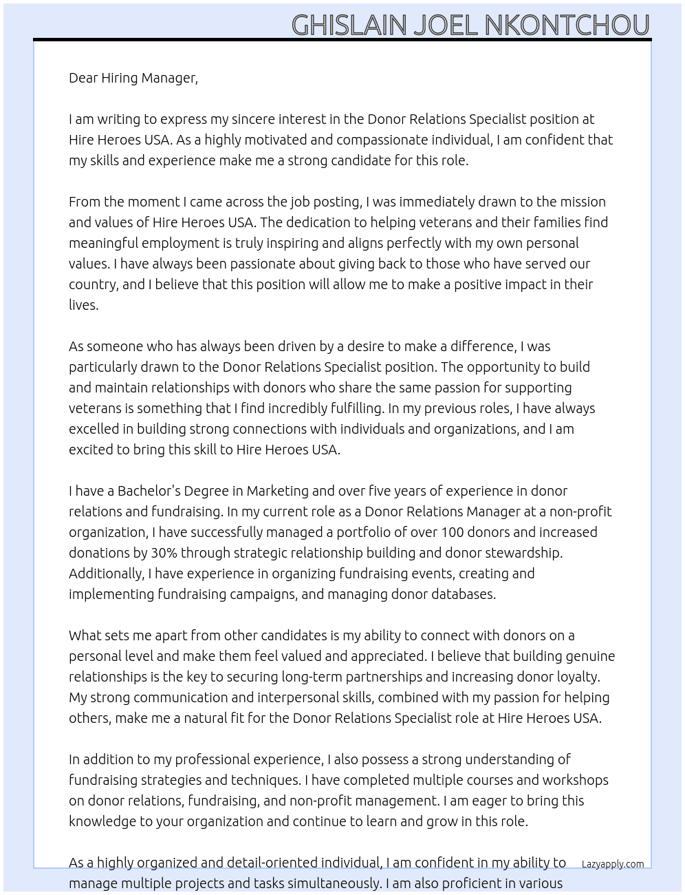 Donor Relations Specialist At Hire Heroes USA Cover Letter