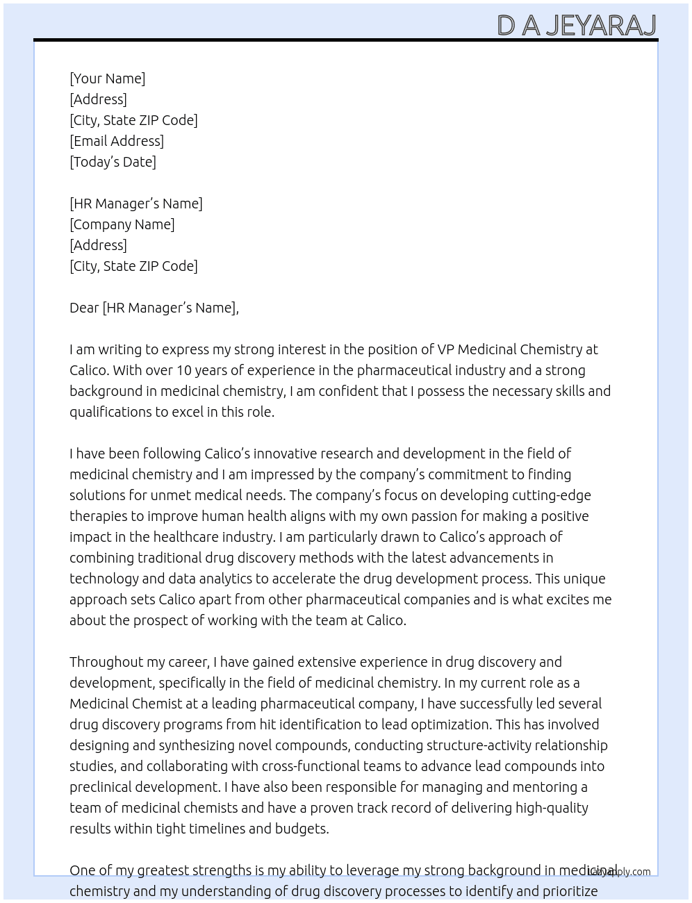 vp medicinal chemistry At Calico Cover Letter