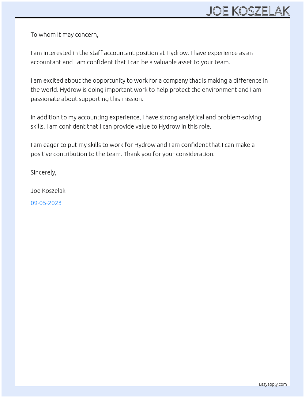 Staff Accountant At Hydrow Cover Letter