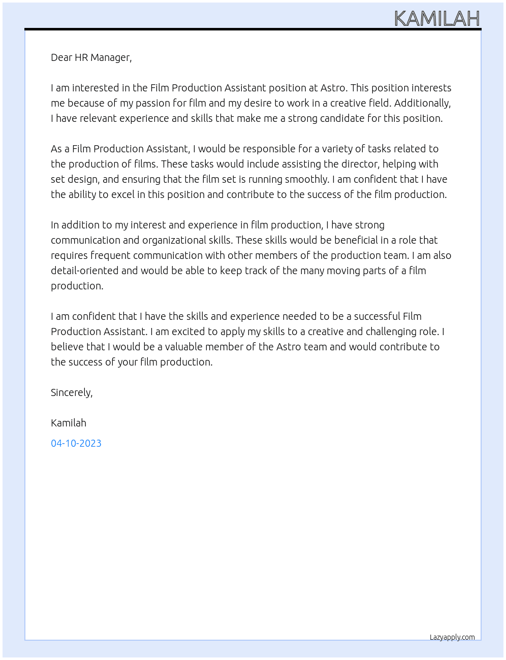 Film Production Assistant At Astro Cover Letter
