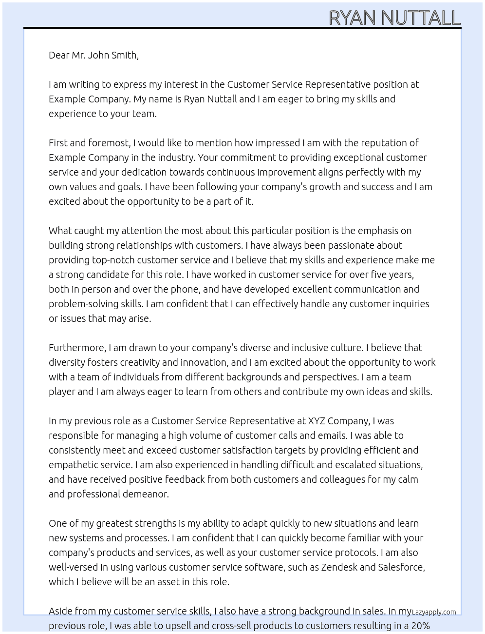 Customer Service Representative At Example Company Cover Letter