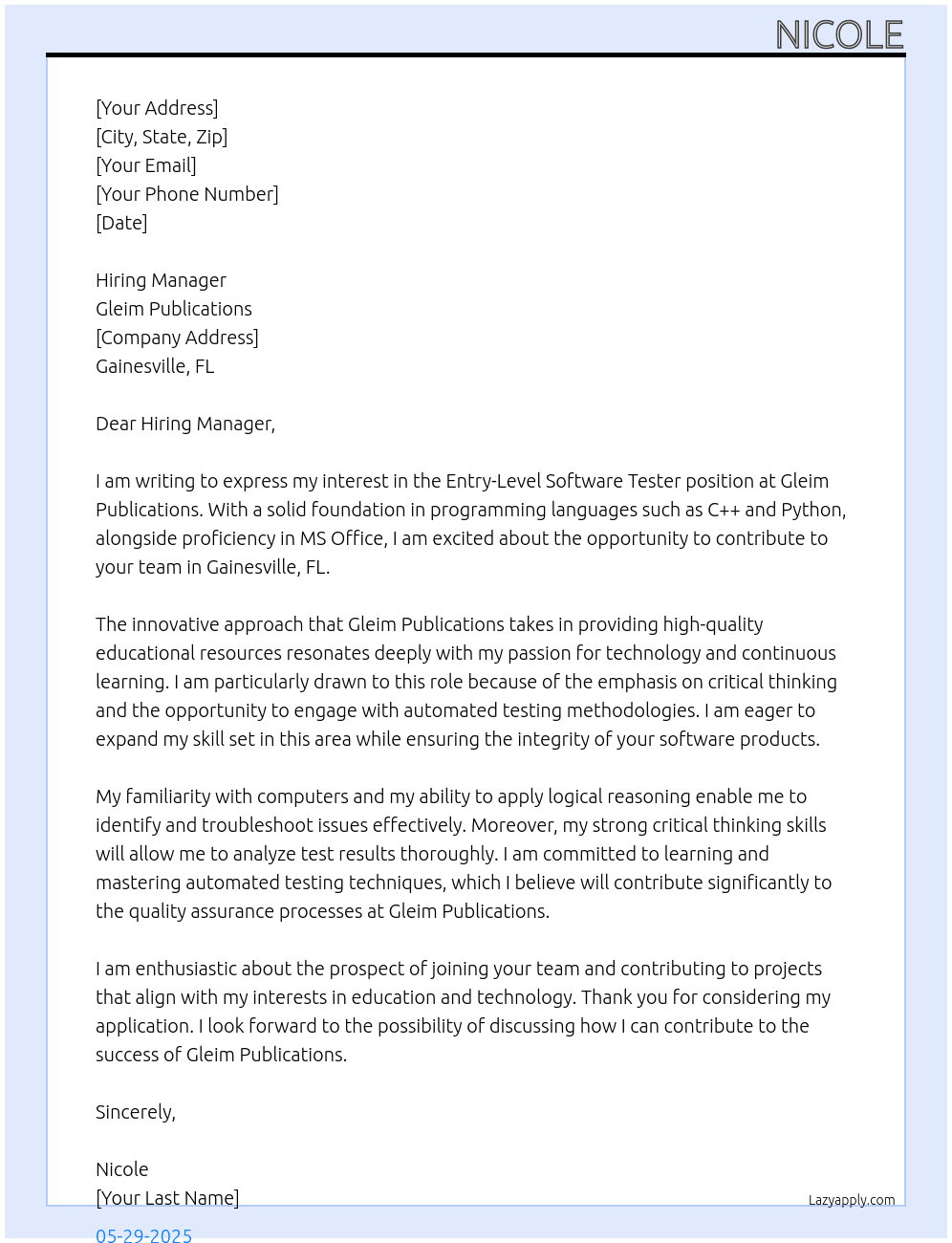 Entry-Level Software Tester At Gleim Publications Cover Letter