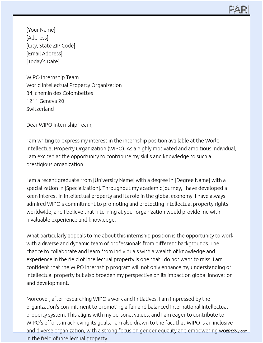 internship At WIPO Cover Letter