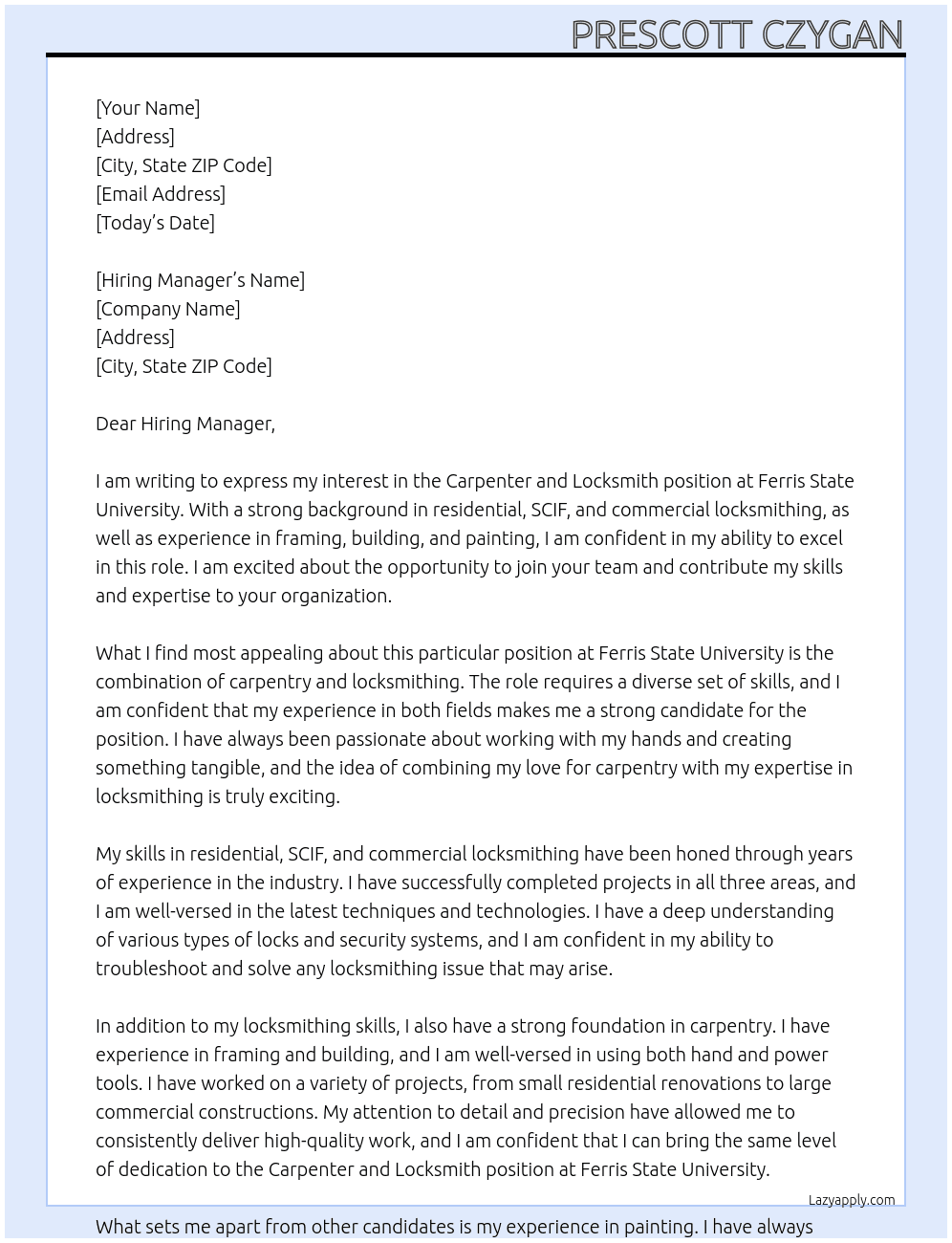 Carpenter and Locksmith At Ferris State University Cover Letter