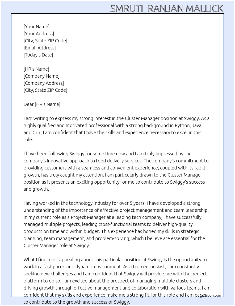 Cluster Manager At Swiggy Cover Letter