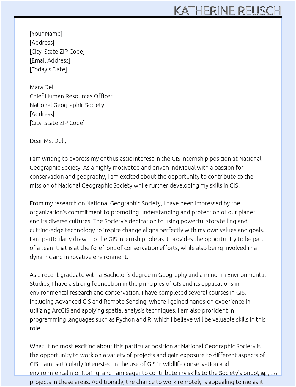 GIS Internship At National Geographic Society Cover Letter