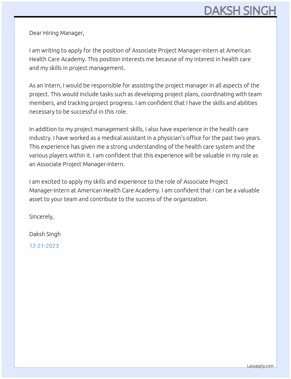 Associate Project Manager-Intern At American Health Care Academy Cover Letter