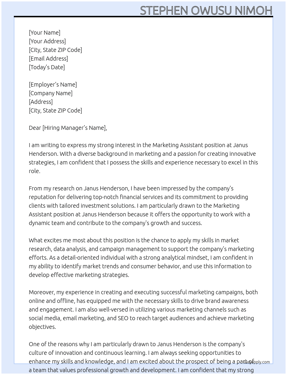 Marketing Assistant At Janus Henderson Cover Letter