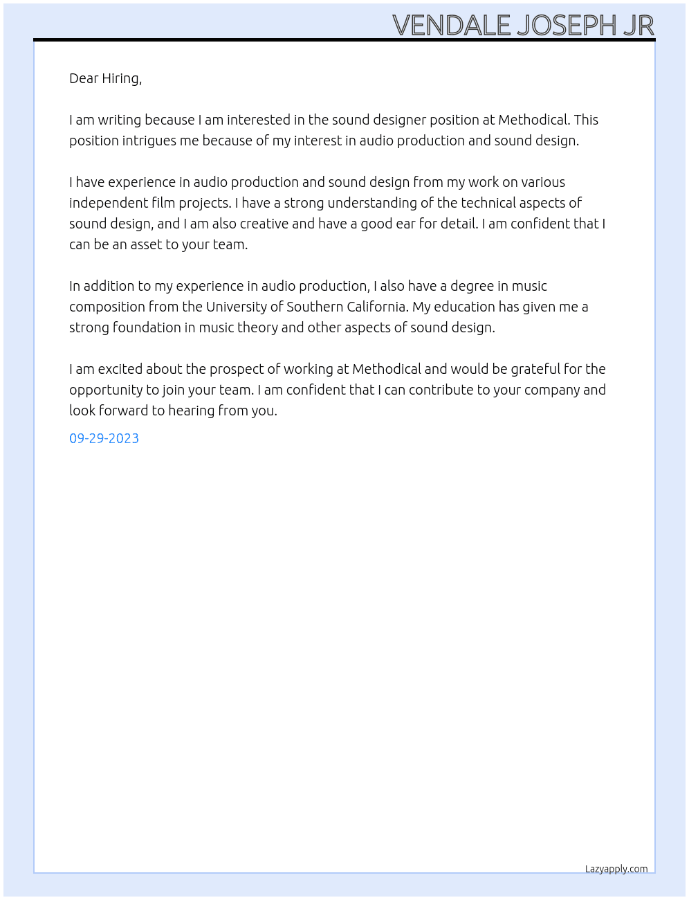 Sound designer  At Methodical Cover Letter