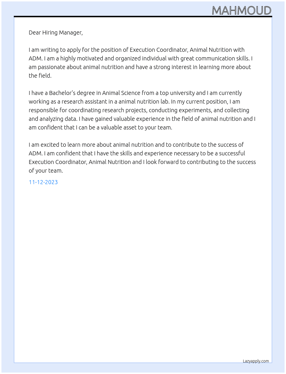 Execution Coordinator, Animal Nutrition At ADM Cover Letter