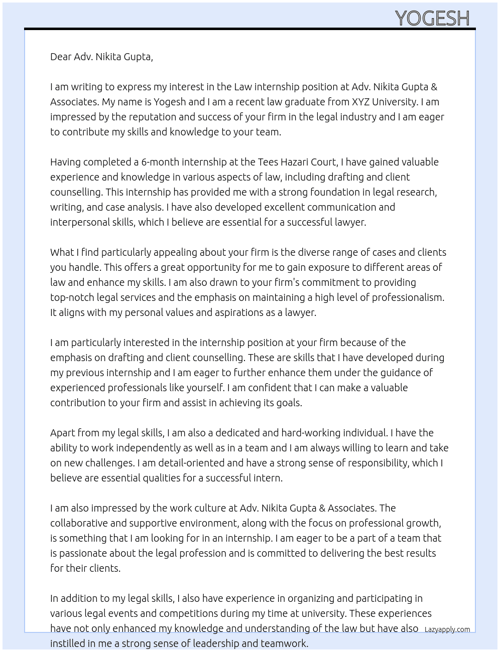 Law internship  At Adv.Nikita Gupta & Associates  Cover Letter