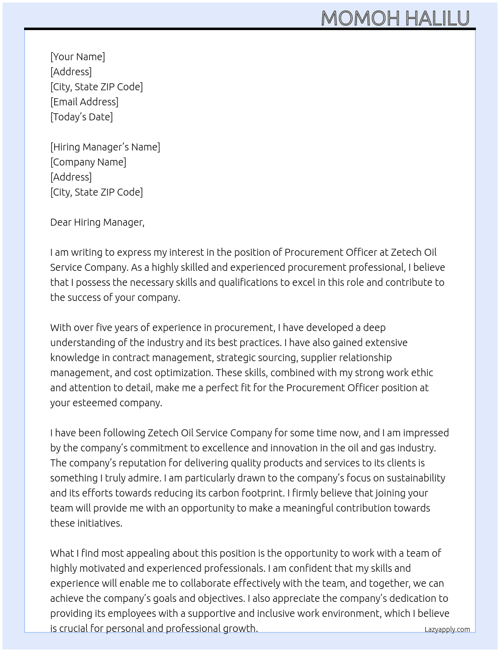 Procurement officer  At Zetech oil service company  Cover Letter