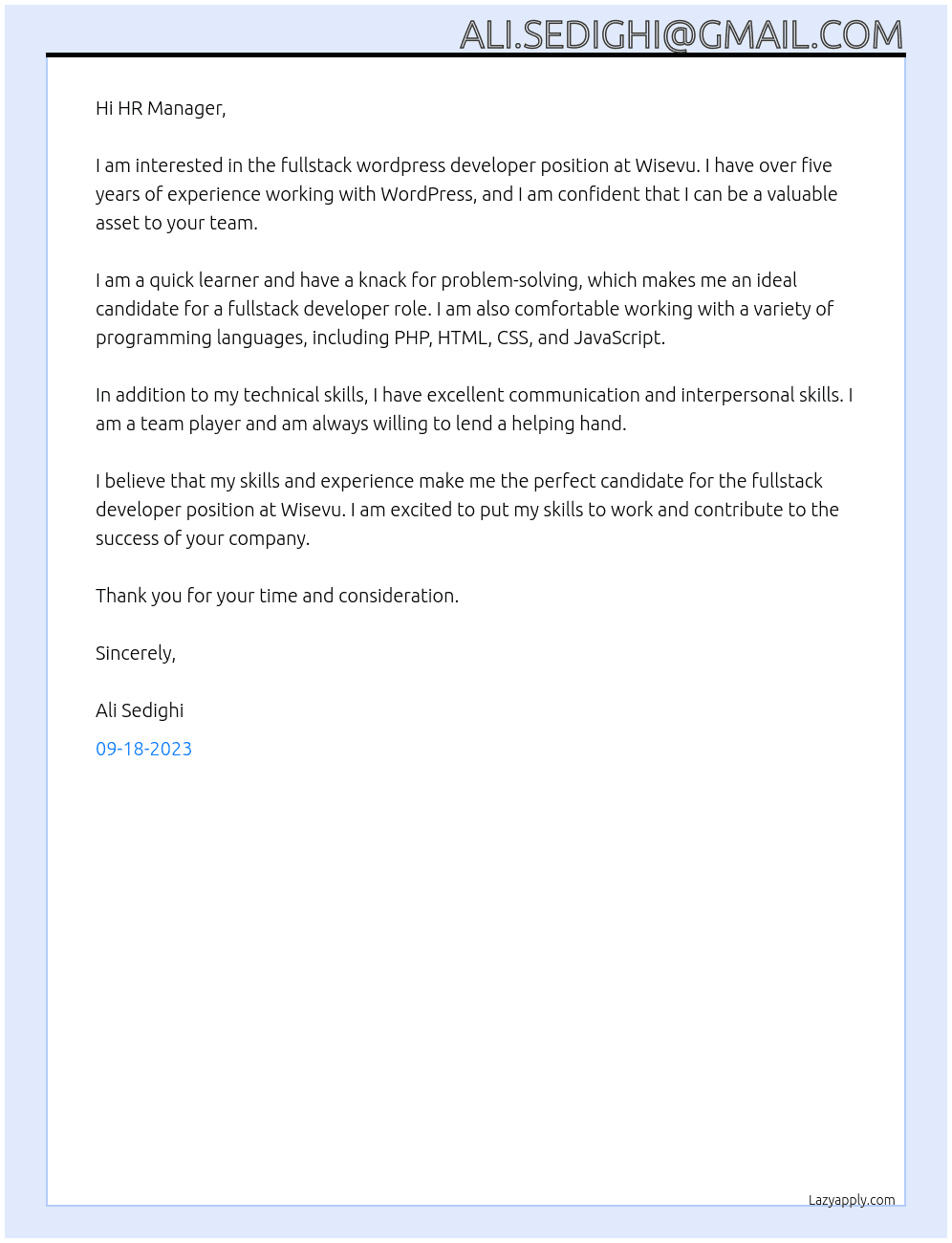 fullstack wordpress developer At Wisevu  Cover Letter
