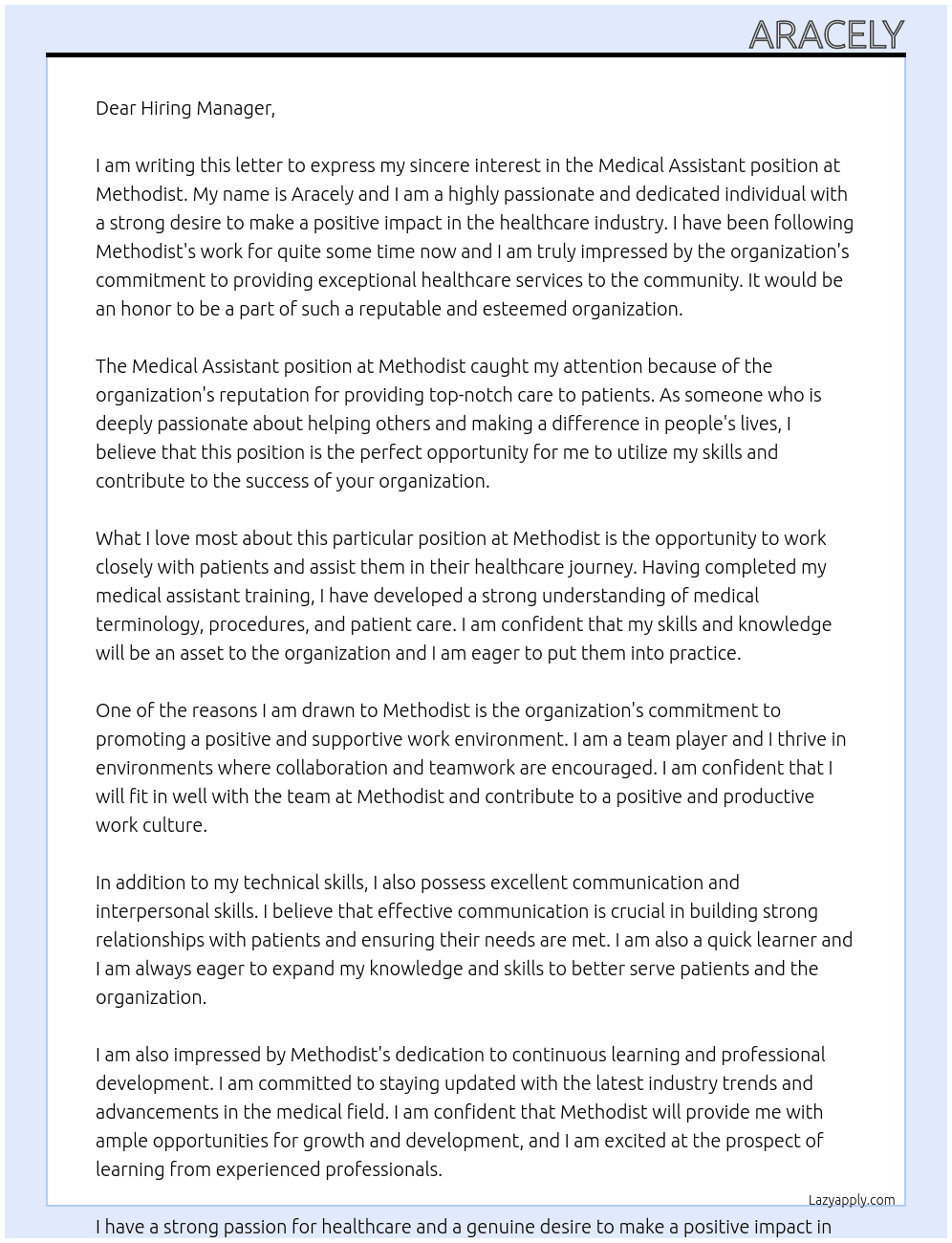 Medical Assistant At Methodist Cover Letter