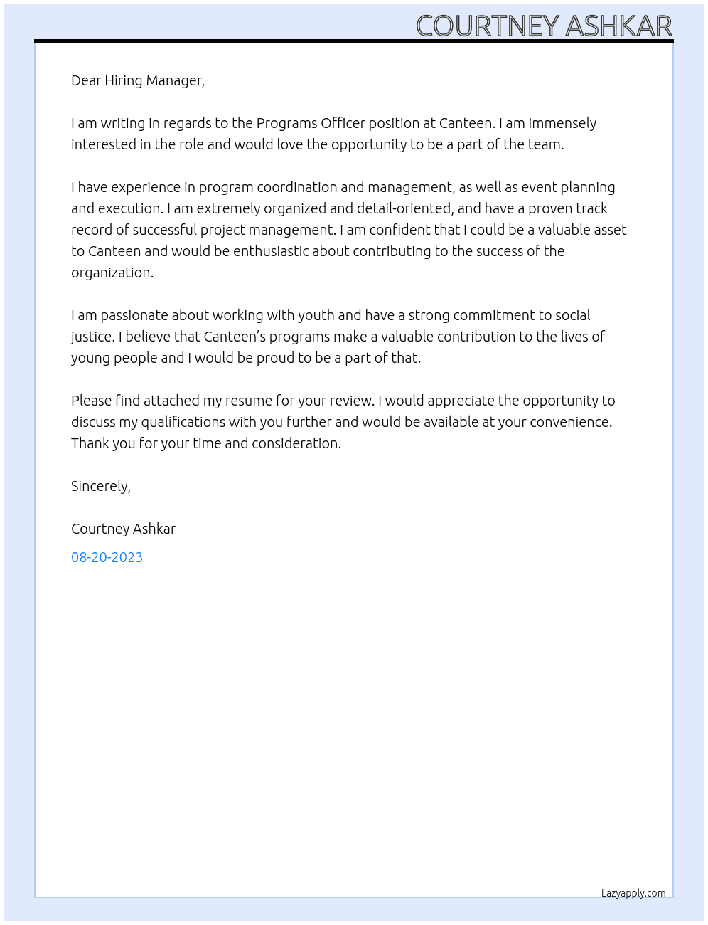 Programs Officer At Canteen Cover Letter