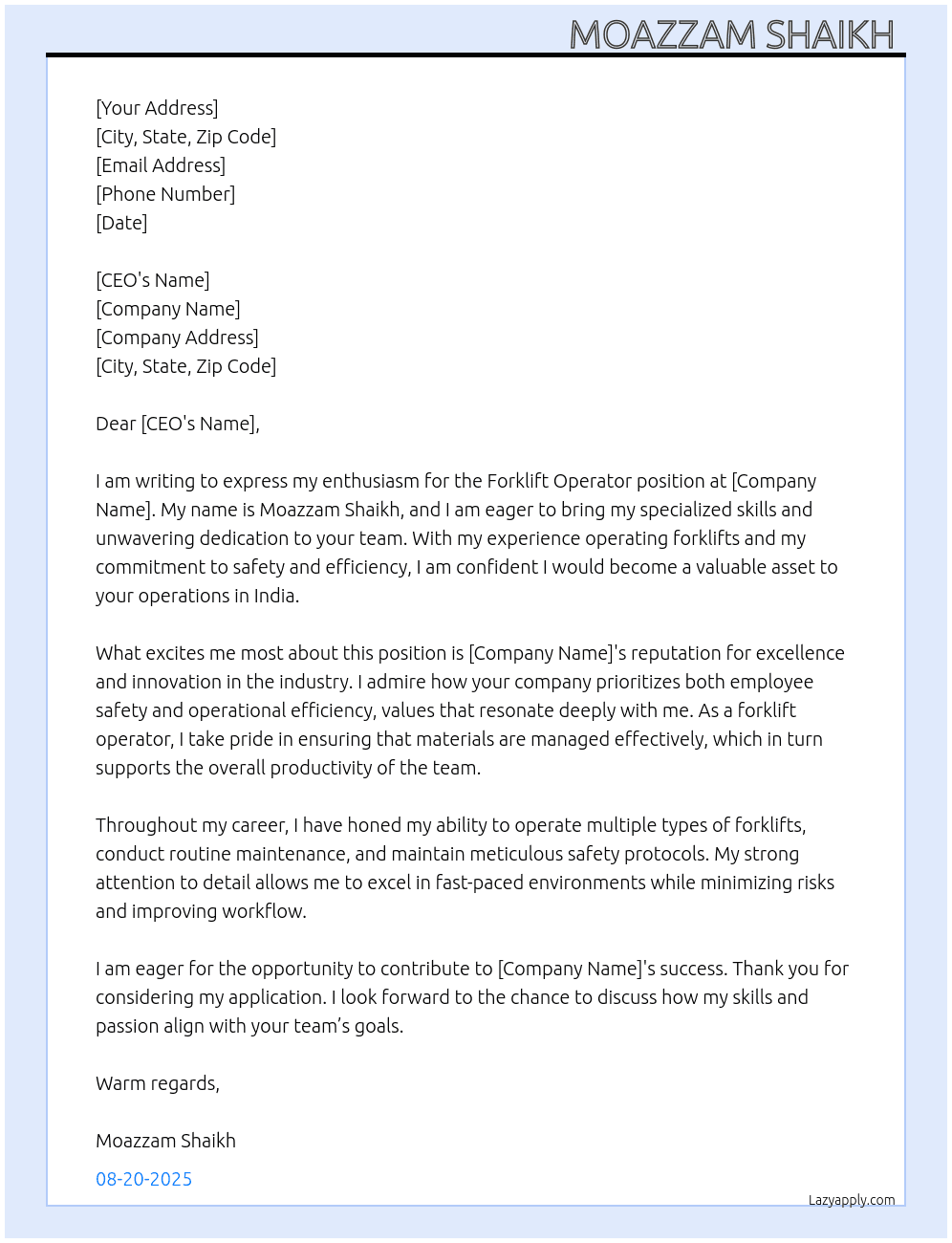 forklift operator  At any company  Cover Letter
