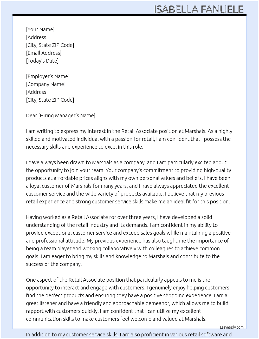 Retail associate At Marshals Cover Letter