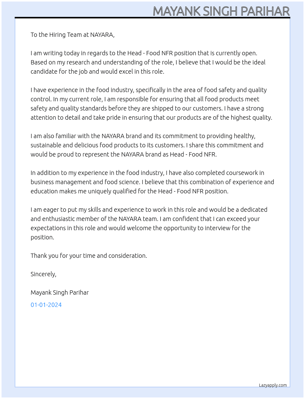 Head - Food NFR At NAYARA Cover Letter